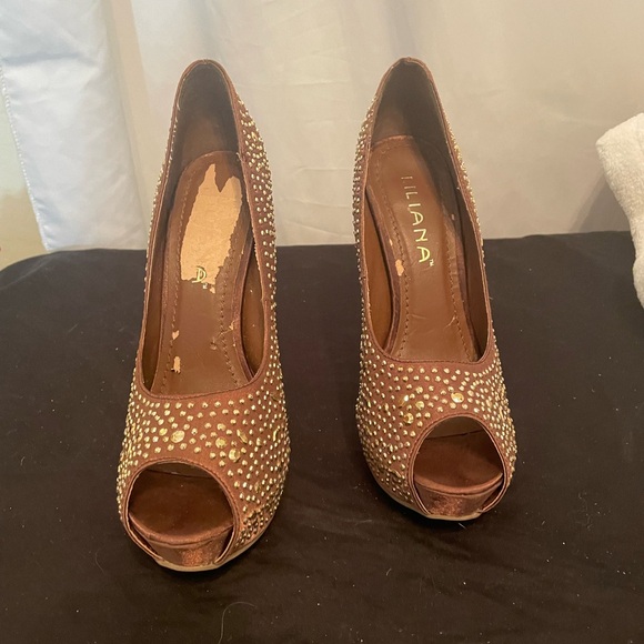 Brown Liliana Open Toe Spike Heels with Bling Sz 7.5 - Picture 3 of 12